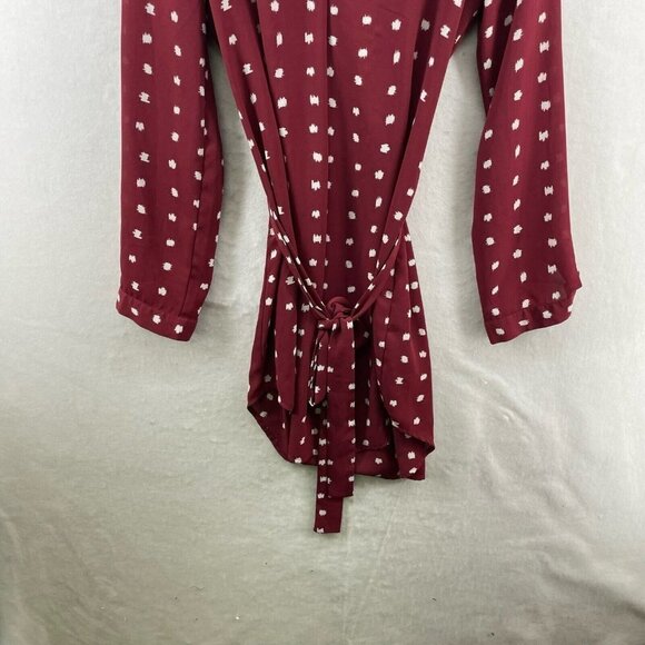 Forever21 Dress Sz M Wine Red Shift White Polka Dot V-Neck Tie Waist Long Sleeve - Picture 7 of 11